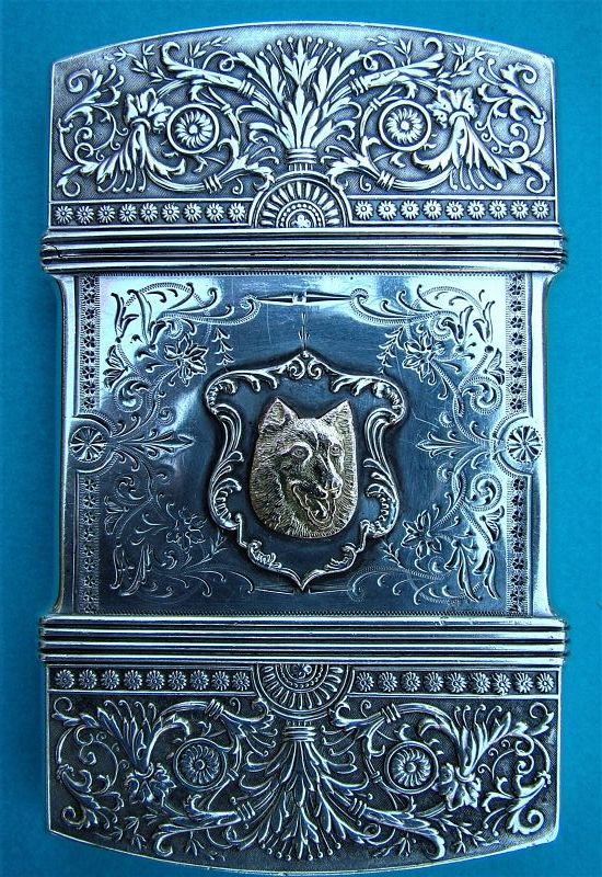 Whiting sterling card case with applied gold dogs