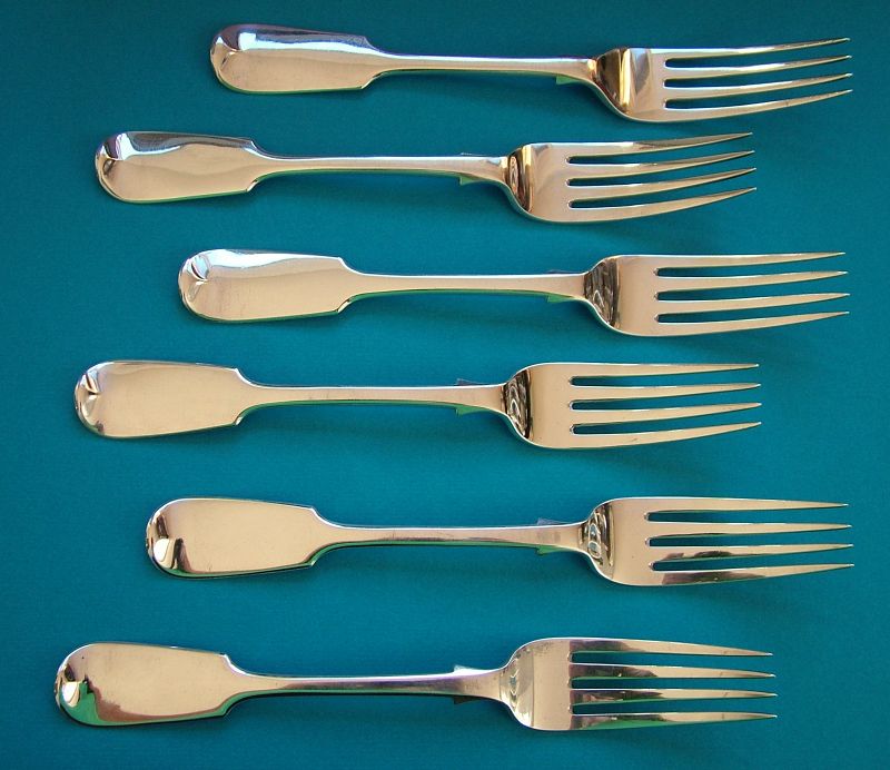 six massive Victorian sterling dinner forks, Jas. &amp; Josiah Williams,