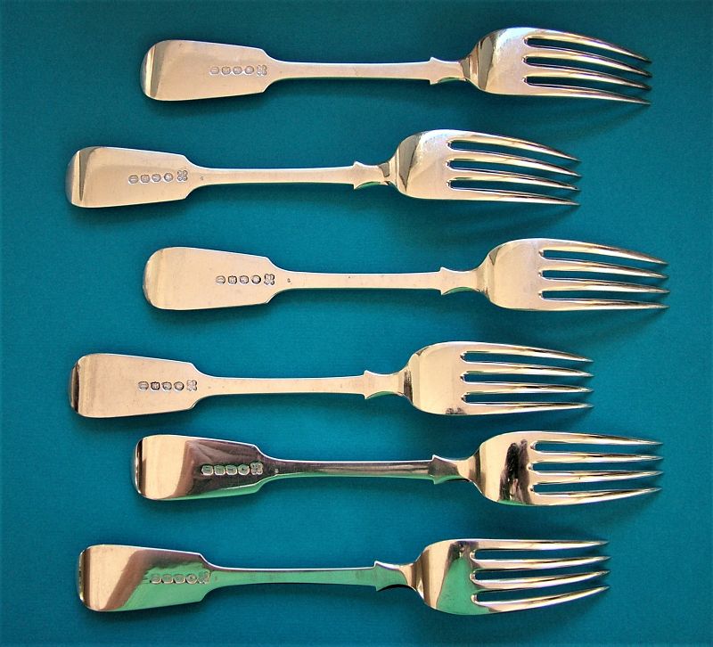 six massive Victorian sterling dinner forks, Jas. &amp; Josiah Williams,