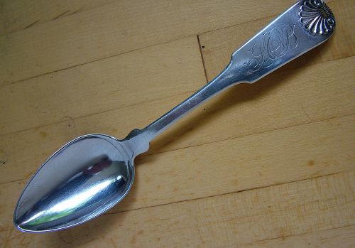 Frederick Marquand coin silver dessert spoon, Fiddle Shell
