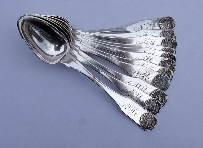 12 early American silver FIDDLE SHELL dessert spoons, Shepherd &amp; Boyd