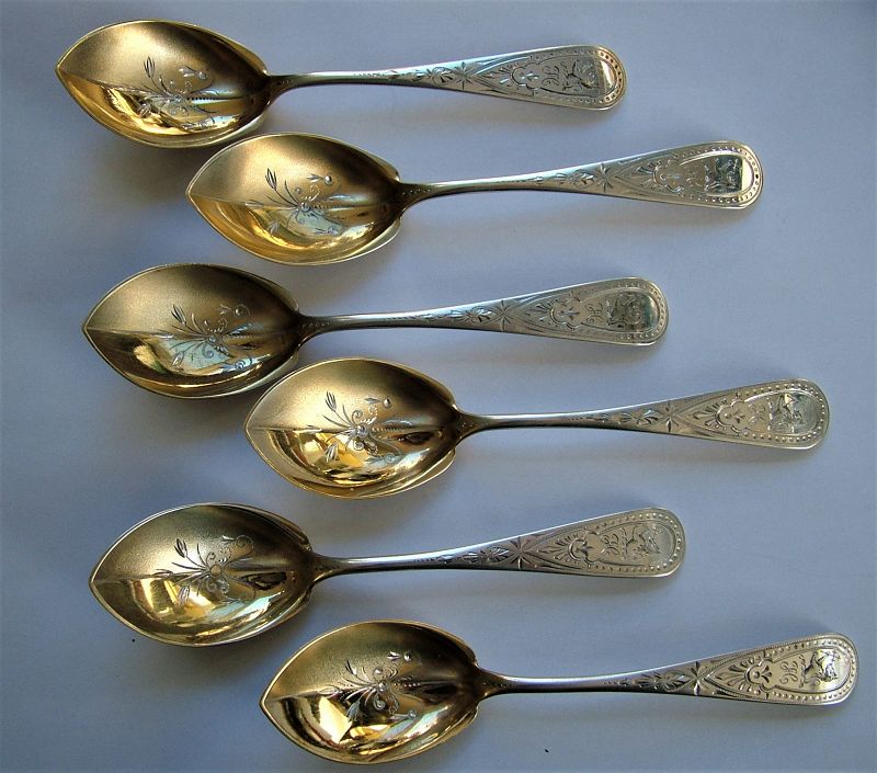an exceptional set of 6 Whiting Antique, Engraved pudding or melon