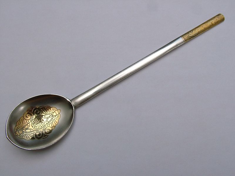 Korean fine silver serving spoon, parcel gilt