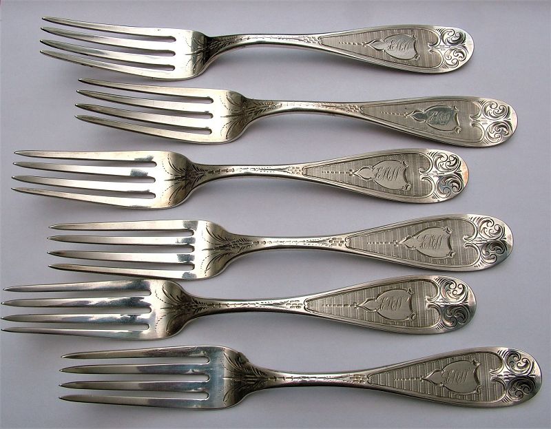 6 coin silver dinner forks, James Watts for Henry Semken,