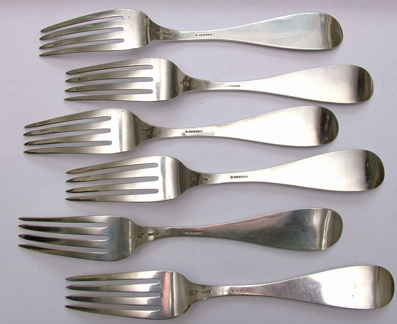 6 coin silver dinner forks, James Watts for Henry Semken,