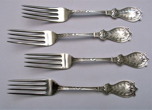 4 Schulz & Fisher FARALONE coin silver dinner forks