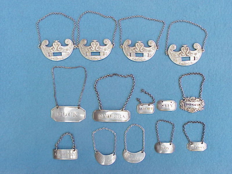 eight assorted bottle tickets, one by woman silversmith