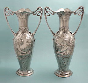 Pair of Large WMF Figural Art Nouveau Vases
