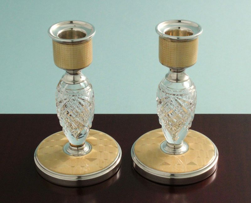 Art Deco Enamel, Silver and Crystal Candlesticks