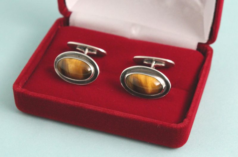 Mid-Century Silver and Tiger-Eye Cufflinks