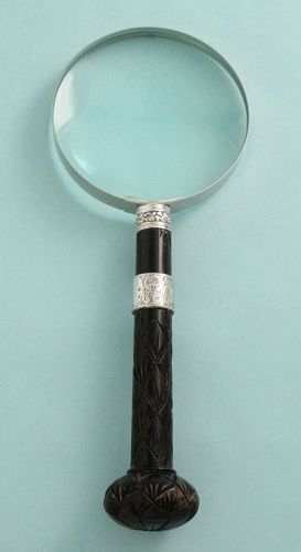 Carved Wood and Silver Magnifier