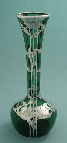 Tall Art Nouveau Silver Overlay Vase