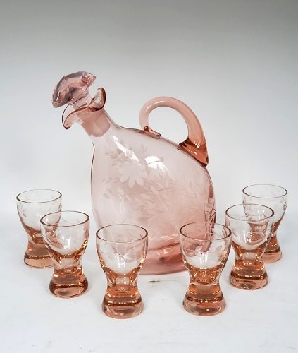 Pink Depression Glass Etched Liqueur Decanter with 6 Shot Glasses