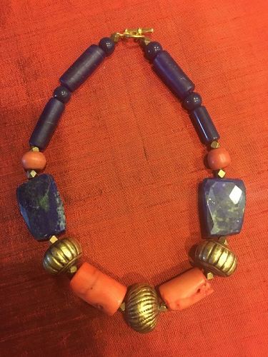 ABUNDANCE OF LAPIS LAZULI, BAMBOO CORAL AND GILT SILVER KHMER NECKLACE