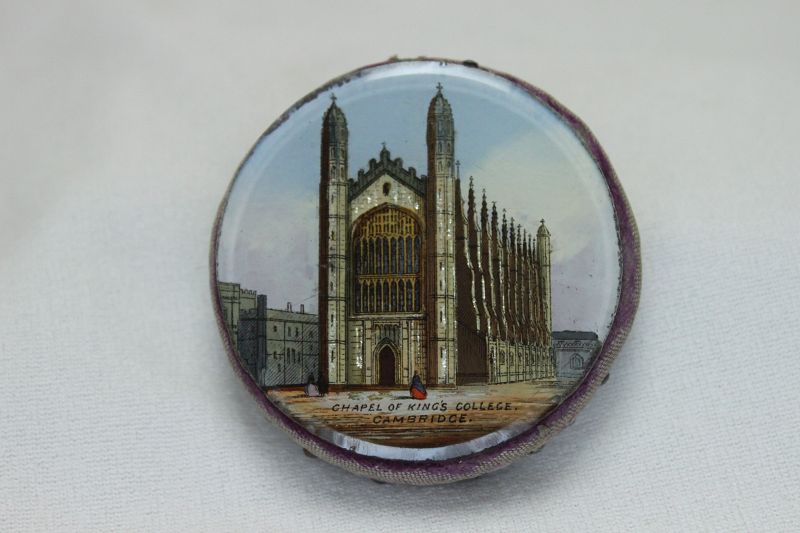Souvenir reverse painted pin cushion Kings College Cambridge