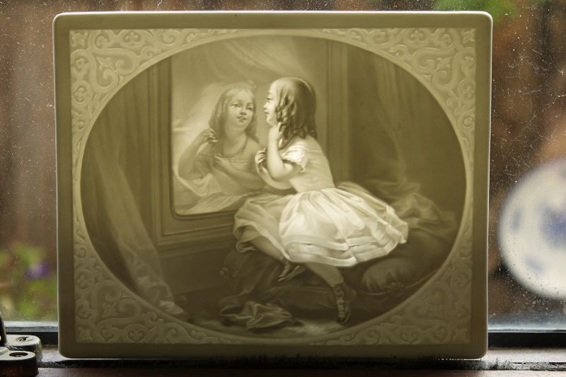 KPM lithophane of young girl with mirror