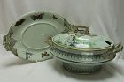 Pinder, Bourne & Co. hand coloured and gilded sauce tureen on stand