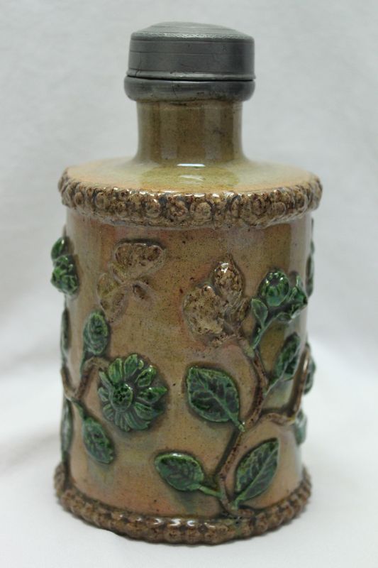Pewter lidded pottery tea canister
