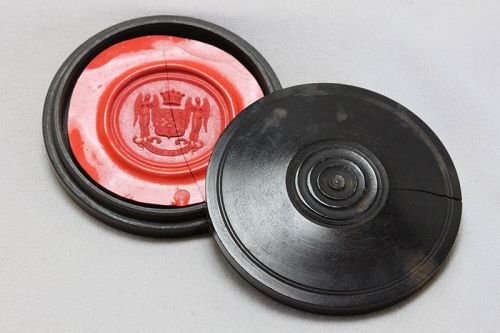 Wax seal impression in a turned ebony box 52 mm diameter