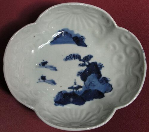 Arita Oval Lobed Bowl  c.1750-80 w/Molded & Underglaze Blue Decoration