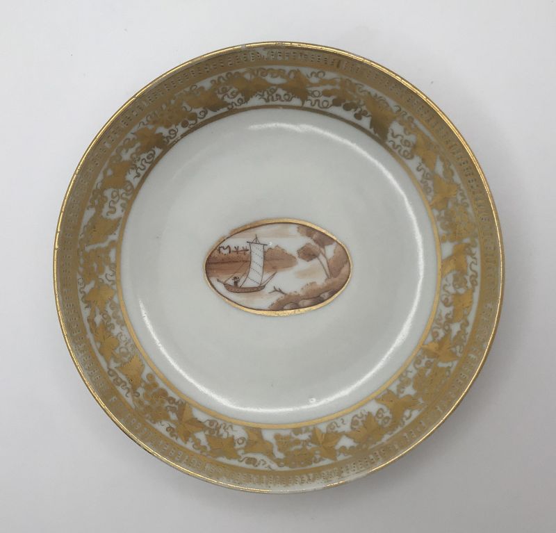 Chinese Export Saucer w/Sepia Sailing Scene &amp; Gilded Grape Leaf Border