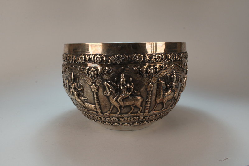 Very Large Antique Burmese Silver Bowl, 19th C.