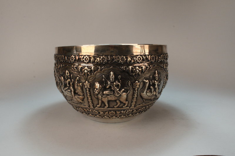 Very Large Antique Burmese Silver Bowl, 19th C.