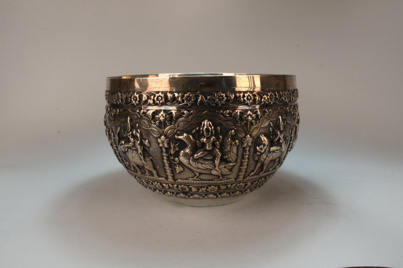 Very Large Antique Burmese Silver Bowl, 19th C.