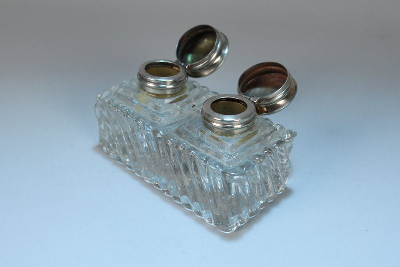Antique Victorian Era Brass and Cut Glass Inkwell.