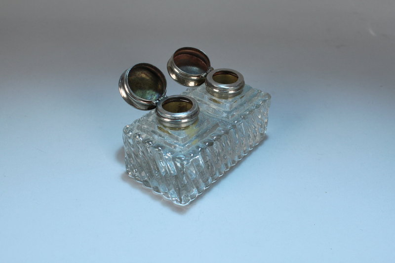 Antique Victorian Era Brass and Cut Glass Inkwell.