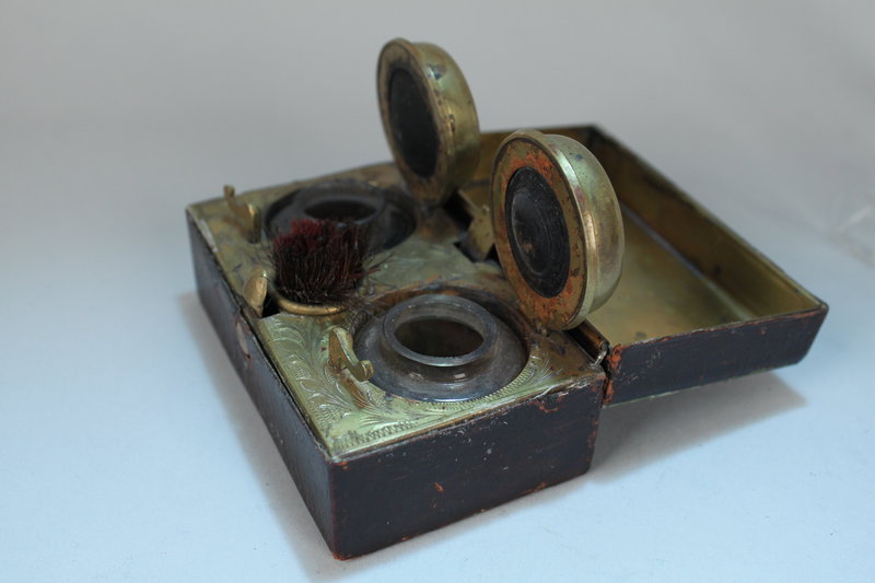 Large Antique Victorian Leather Travel Inkwell, 19th C.