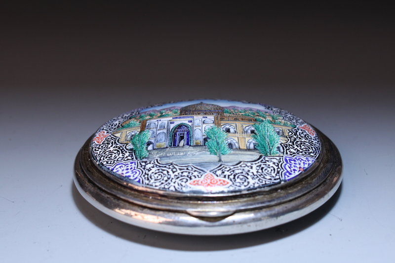 Large Persian Silver-Enameled Compact, Mid 20th C.