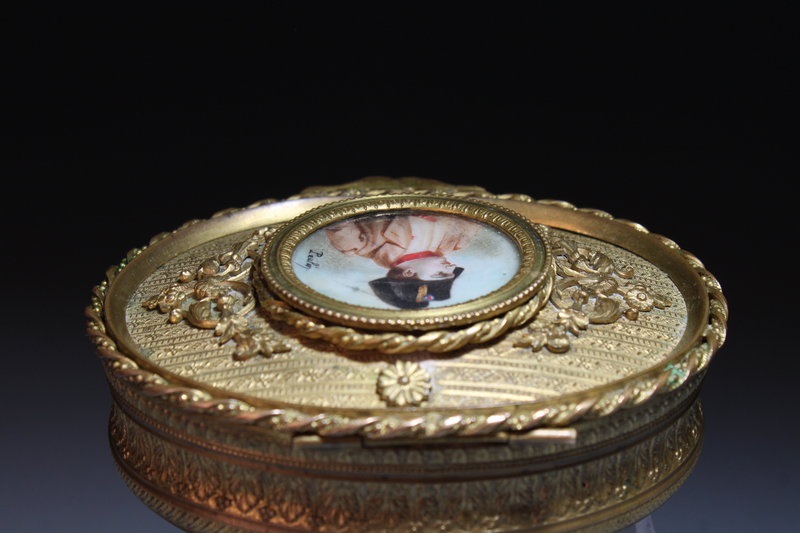 French Bronze Box &amp; Miniature Portrait Painting, 19th C.