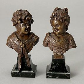 Miniature Pair Continental Bronze Busts of  Children.