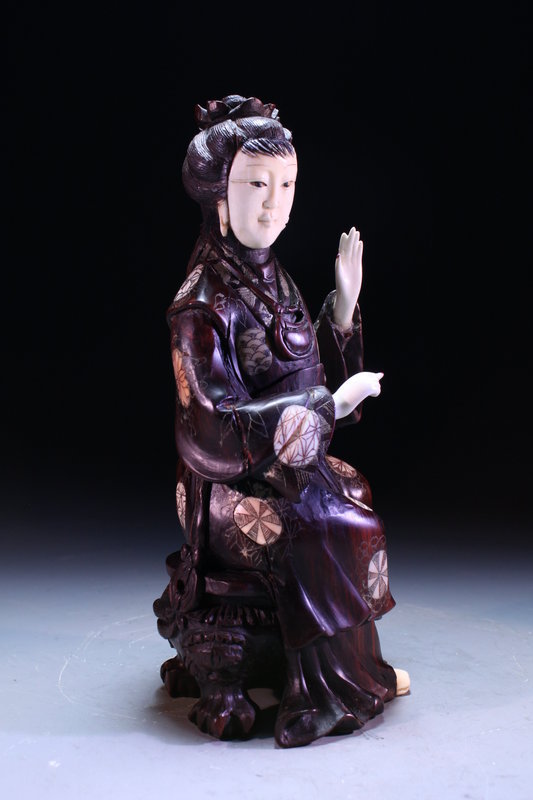 19th c. Chinese carved wood lady with ivory face,