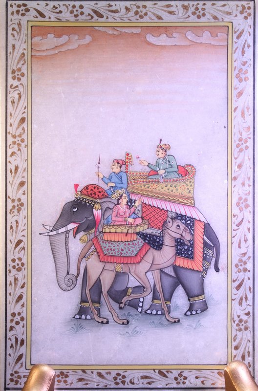 Unusual Indian Miniature Gilt Painting on Marble Panel,