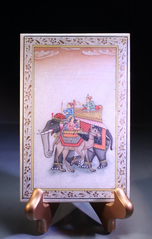 Unusual Indian Miniature Gilt Painting on Marble Panel,