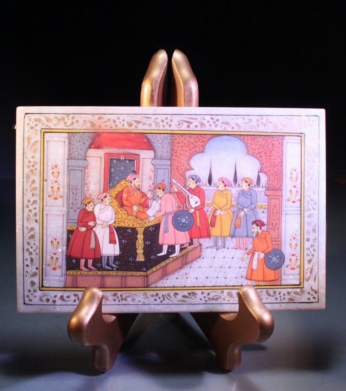 Unusual Indian Miniature Gilt Painting on Marble Panel,
