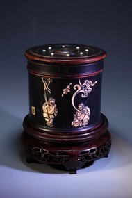 Chinese Zitan Carved Cosmetic Box w/ Bone Inset,