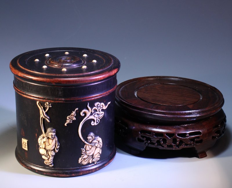 Chinese Zitan Carved Cosmetic Box w/ Bone Inset,