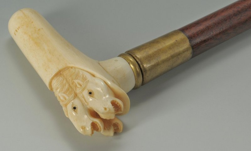 19th C. Carved Handled Trio Horse Cane,