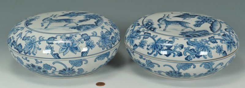19th C. Pair of Chinese Blue &amp; White Covered Bowls,