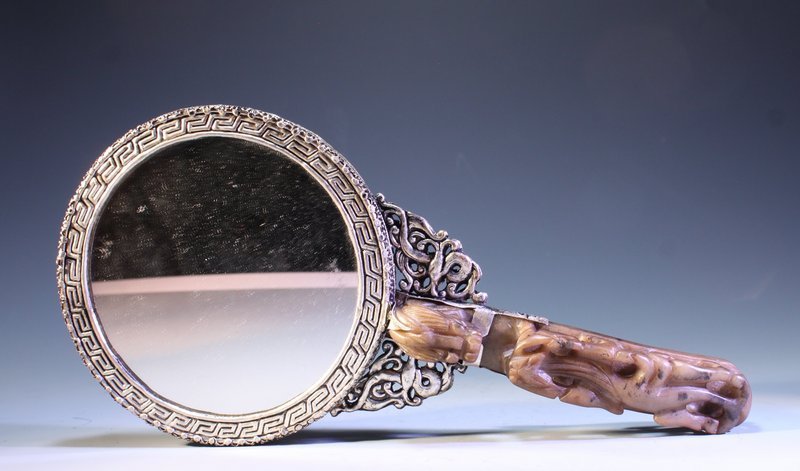 Chinese Silver Mirror w/ Inlaid Jade,
