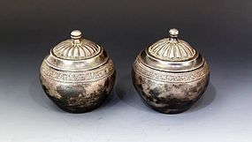 Chinese 1910's Pair of Silver Cover Boxes,