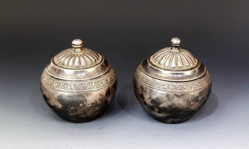Chinese 1910's Pair of Silver Cover Boxes,