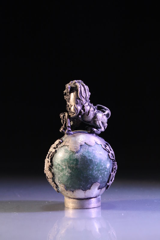 Chinese Carved Jade with Silver Foo Lion Finial,