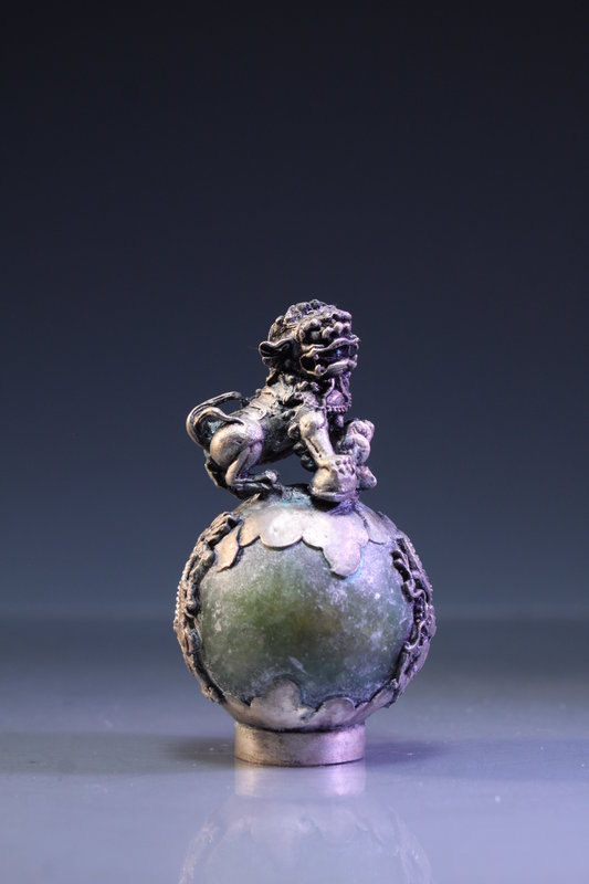 Chinese Carved Jade with Silver Foo Lion Finial,