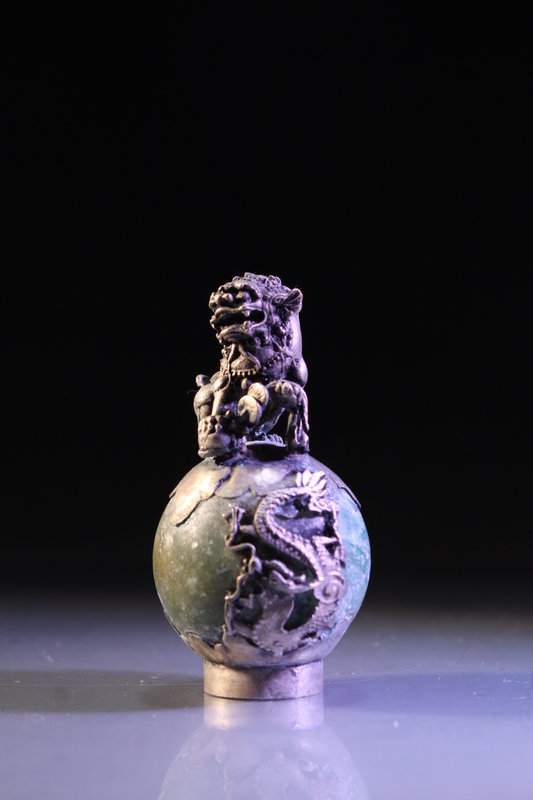 Chinese Carved Jade with Silver Foo Lion Finial,