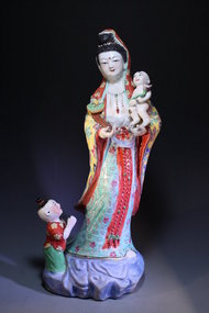 Chinese Famille Rose-Enameled Standing Guanyin,