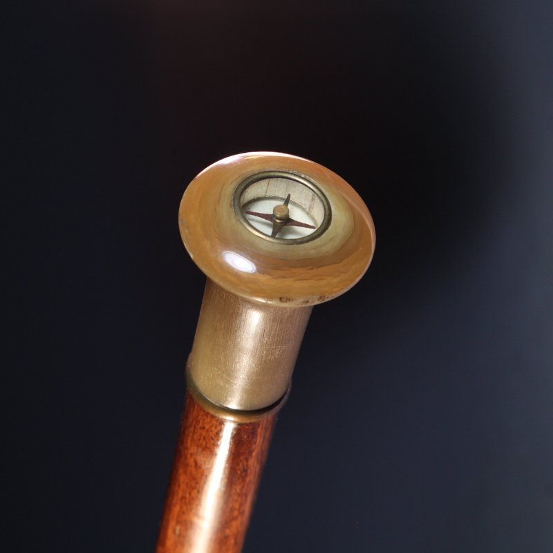 A Compass Inset Horn and Mahogany Cane/Walking Stick,